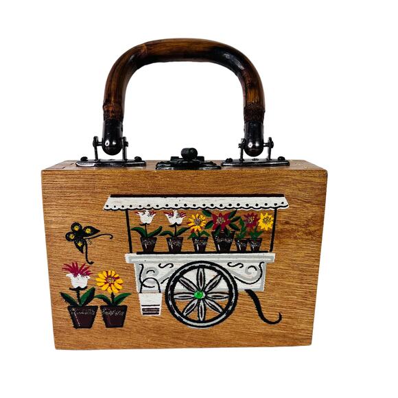 Vintage 1950's Flower Wagon Box Bag Wooden Purse - Picture 1 of 10